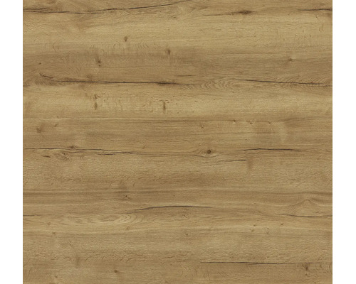 Décor bois chêne avec veinure naturelle, nœuds et fines fissures.