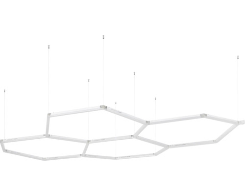 Sechseckige LED-Pendelleuchte in Weiß mit geometrischem Design und dünnen Drahtaufhängungen.