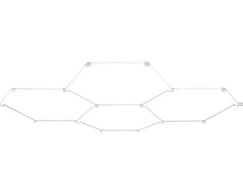 Modulares hexagonales LED Werkstatt Beleuchtungssystem bestehend aus miteinander verbundenen Lichtröhren.