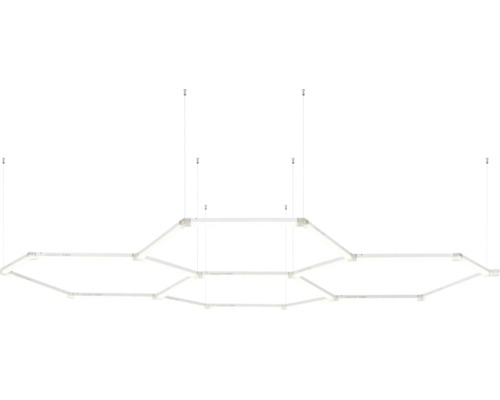 Moderne LED Deckenleuchte im geometrischen Hexagon Waben Design, abgehängt an dünnen Seilen.