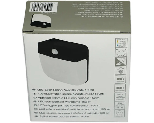 LED Solar Sensor Wandleuchte 150 Lumen mit Bewegungsmelder und Schutzart IP54 in der Verpackung.