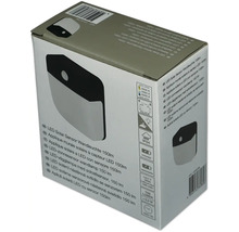 Verpackung für eine LED Solar-Wandleuchte mit Bewegungssensor, 150 Lumen und Schutzart IP54. Inklusive Lithium-Ionen-Akku.