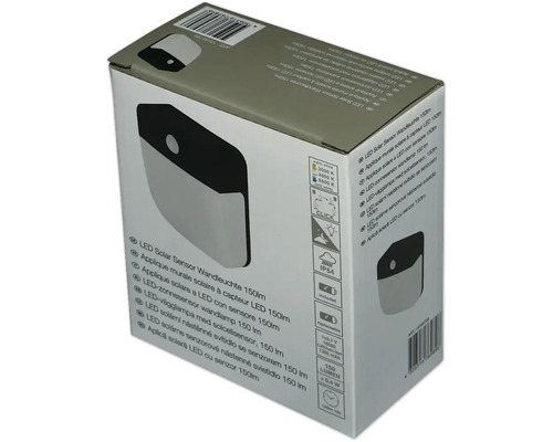 Verpackung für eine LED Solar-Wandleuchte mit Bewegungssensor, 150 Lumen und Schutzart IP54. Inklusive Lithium-Ionen-Akku.