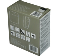 Verpackung einer LED-Solar-Sensor-Wandleuchte mit 150 Lumen, IP54, Lithium-Ionen-Akku und Abmessungen von 110 mal 123 mal 58 Millimeter.