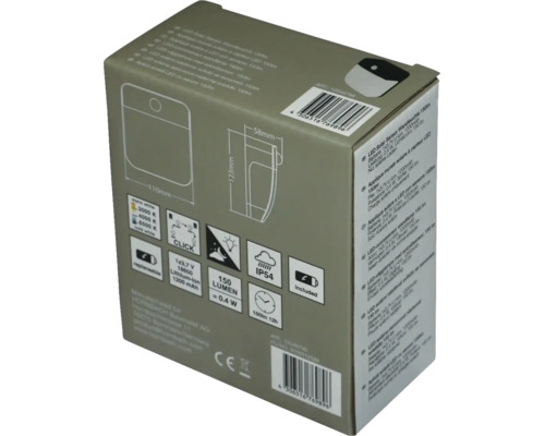 Verpackung einer LED-Solar-Sensor-Wandleuchte mit 150 Lumen, IP54, Lithium-Ionen-Akku und Abmessungen von 110 mal 123 mal 58 Millimeter.