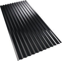 Schwarzes Wellblech aus Metall für Dacheindeckung und Wandverkleidung.