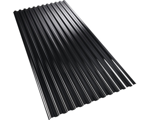 Schwarzes Wellblech aus Metall für Dacheindeckung und Wandverkleidung.