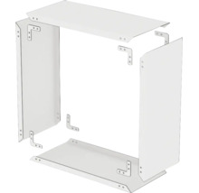 Panneaux métalliques blancs et équerres d angle pour le montage d un corps d armoire en vue éclatée.