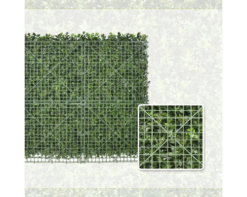Rückansicht einer künstlichen Hecke auf einem flexiblen Kunststoffgitter mit Detailaufnahme der Gitterstruktur.