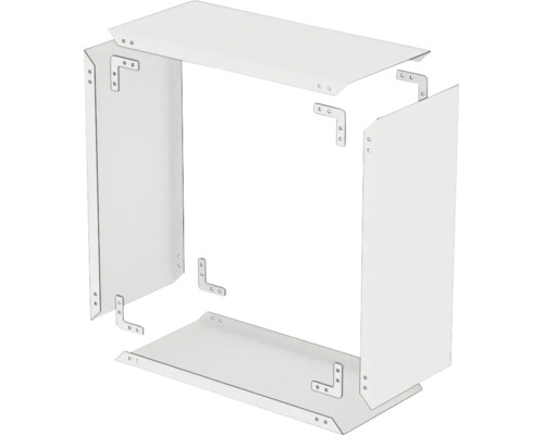 Vue éclatée d un cadre rectangulaire avec quatre panneaux et huit équerres de fixation pour l assemblage.