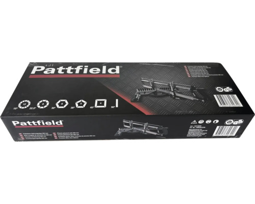 Scie à onglet de précision Pattfield 550 mm dans son emballage avec angles de 15 à 90 degrés et sceau de sécurité contrôlée.