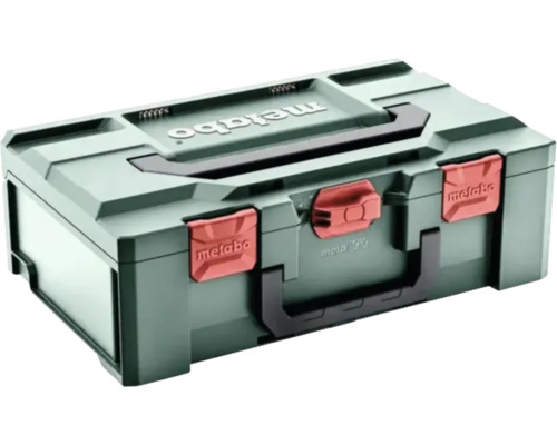 Coffret d'outils Metabo metaBOX en plastique avec poignées de transport et clips de fermeture.