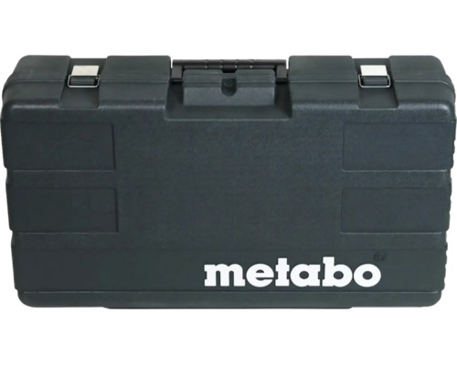 Coffret à outils Metabo noir en plastique avec fermetures métalliques.