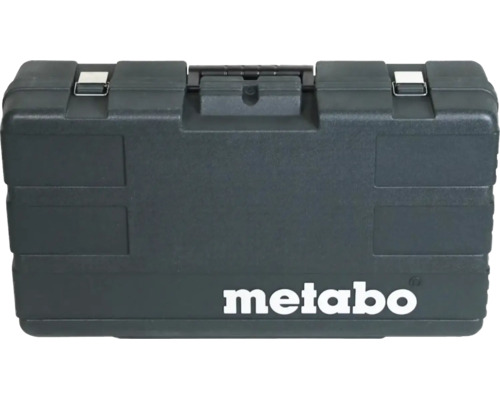 Coffret à outils Metabo en plastique avec deux fermetures métalliques et une poignée de transport.