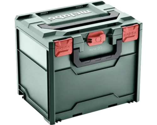Metabo Werkzeugbox aus Kunststoff mit Tragegriffen und Verschlussclips.