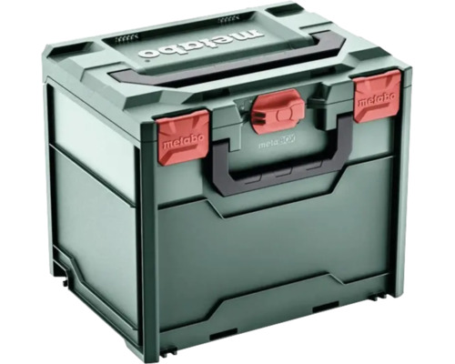 Coffret de transport Metabo metaBOX en plastique avec poignées de transport et clips de fermeture.