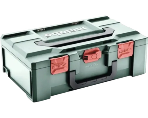 Coffret de transport Metabo metaBOX en plastique robuste avec poignée et clips de fermeture.