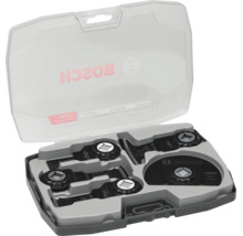 Set de lames Bosch Starlock pour outil multifonction dans un coffret en plastique avec lames plongeantes et lame segment. Bosch Logo.
