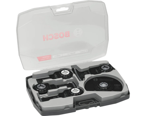 Set de lames Bosch Starlock pour outil multifonction dans un coffret en plastique avec lames plongeantes et lame segment. Bosch Logo.