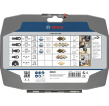 Bosch Logo au dos du kit accessoires pour outils multifonctions avec aperçu des lames de scie pour le bois et le métal et leurs applications.