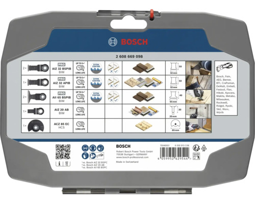Bosch Logo au dos du kit accessoires pour outils multifonctions avec aperçu des lames de scie pour le bois et le métal et leurs applications.