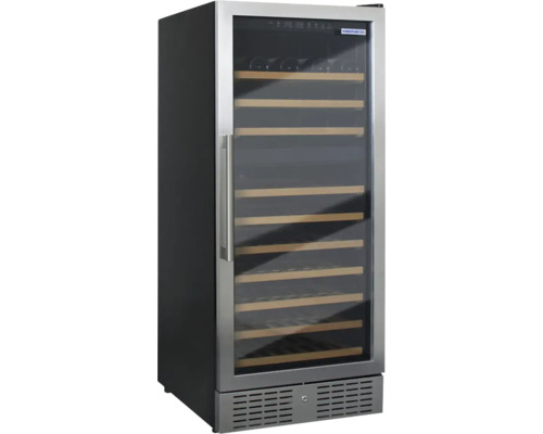 Kibernetik Weinkühlschrank mit Glastür, Edelstahlrahmen und Holzeinlegeböden für Weinflaschen.