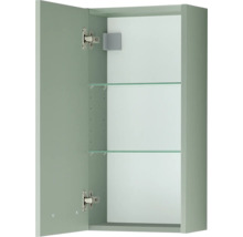 Armoire murale de salle de bain avec une porte et deux tablettes en verre.