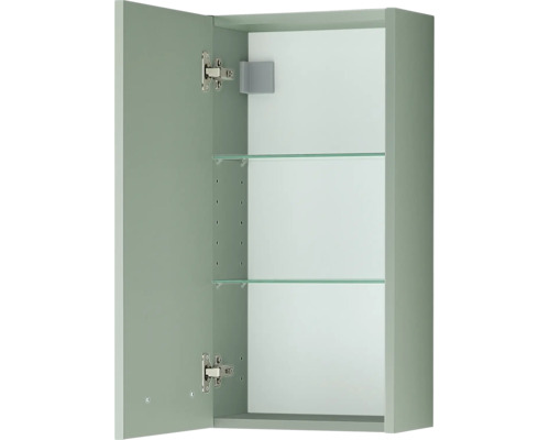 Armoire murale de salle de bain avec une porte et deux tablettes en verre.