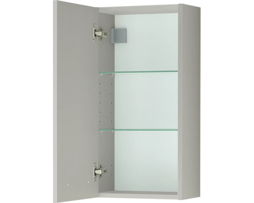 Armoire murale grise avec porte ouverte, deux étagères en verre et charnières métalliques.
