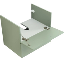 Meuble sous-vasque avec découpe pour siphon et façade rabattue.