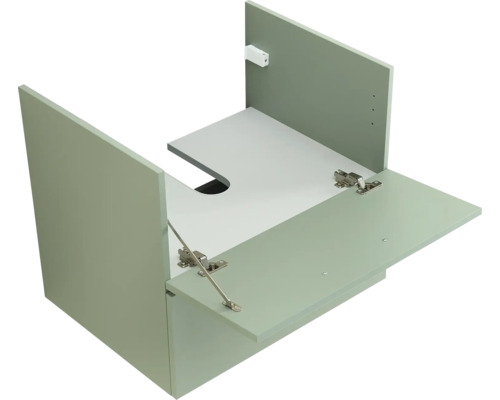Meuble sous-vasque avec découpe pour siphon et façade rabattue.