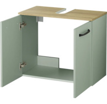 Meuble sous-vasque avec deux portes, corps en vert sauge et plateau supérieur en aspect chêne avec découpe pour siphon.