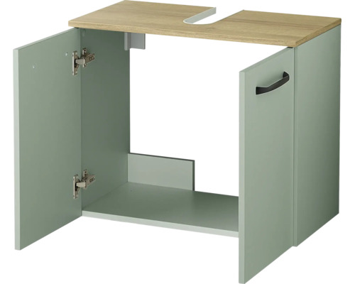 Meuble sous-vasque avec deux portes, corps en vert sauge et plateau supérieur en aspect chêne avec découpe pour siphon.