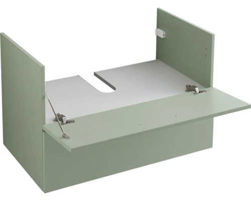 Sous-meuble de lavabo avec découpe pour siphon et abattant ouvert, suspendu.