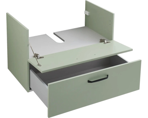 Meuble sous-vasque vert sauge avec un tiroir, découpe pour siphon et poignée noire.