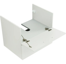 Meuble sous-vasque blanc avec un abattant et découpe pour siphon.