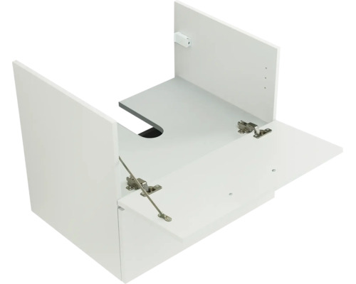Meuble sous-vasque blanc avec un abattant et découpe pour siphon.