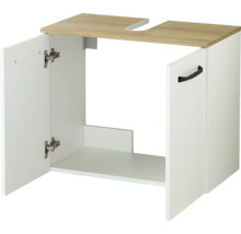 Meuble sous-vasque blanc avec plateau aspect bois, découpe pour siphon, deux portes et poignée noire.