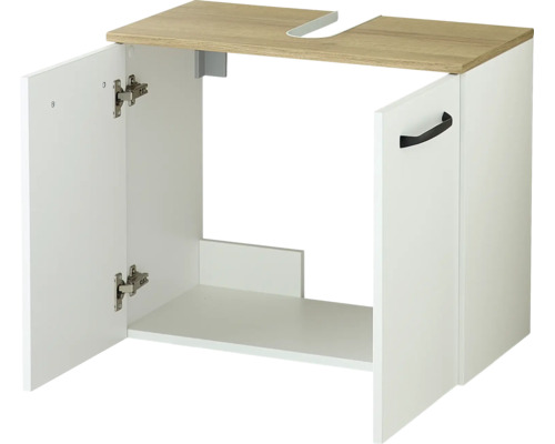 Meuble sous-vasque blanc avec plateau aspect bois, découpe pour siphon, deux portes et poignée noire.