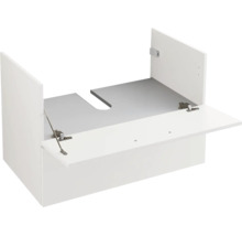 Meuble sous lavabo blanc avec abattant ouvert et découpe pour siphon.