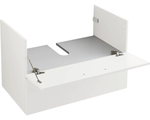 Meuble sous lavabo blanc avec abattant ouvert et découpe pour siphon.
