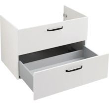 Meuble sous-vasque blanc avec deux tiroirs et poignées noires, tiroir inférieur ouvert.