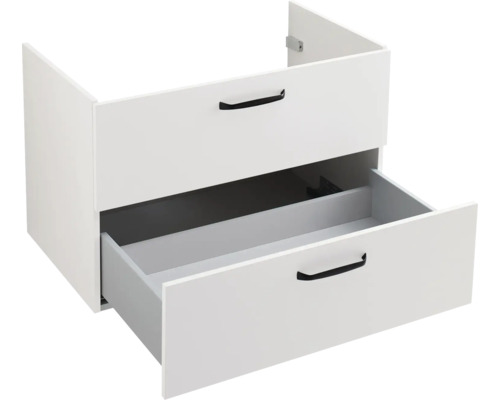 Meuble sous-vasque blanc avec deux tiroirs et poignées noires, tiroir inférieur ouvert.