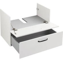 Meuble sous-vasque blanc avec un tiroir, poignée noire et découpe pour siphon, ouvert.