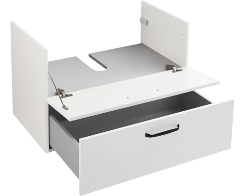 Meuble sous-vasque blanc avec un tiroir, poignée noire et découpe pour siphon, ouvert.