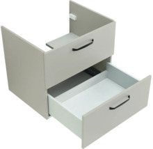 Meuble sous-vasque gris avec deux tiroirs et poignées noires, le tiroir inférieur est ouvert.