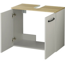 Meuble sous-vasque gris avec deux portes et un plateau supérieur aspect bois avec découpe pour siphon.