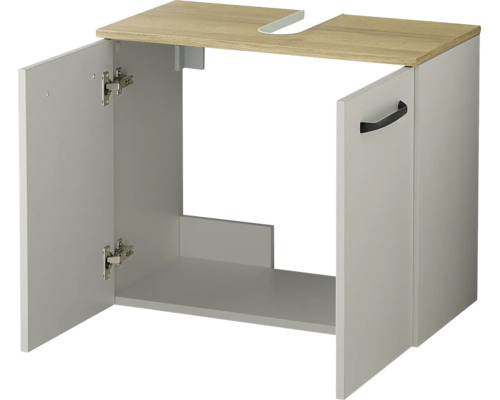 Meuble sous-vasque gris avec deux portes et un plateau supérieur aspect bois avec découpe pour siphon.