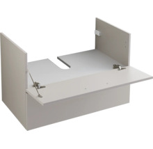 Corps de meuble sous-lavabo gris avec abattant ouvert et découpe pour siphon.