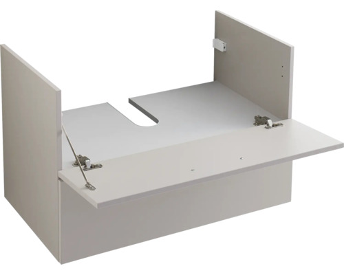 Corps de meuble sous-lavabo gris avec abattant ouvert et découpe pour siphon.